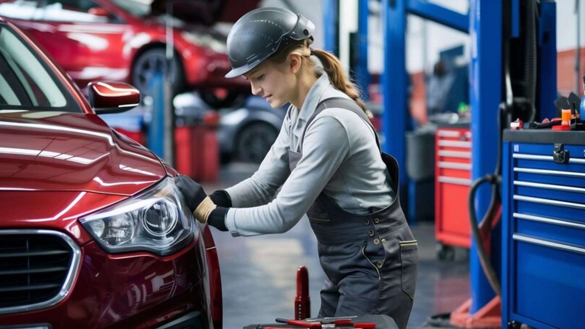 A female auto mechanic doing some vehicle customization